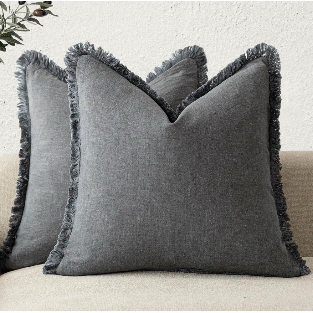 New, Set of 2 Decorative Linen Fringe Throw Pillow Covers 24”x24” Gray